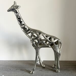 Vintage Steel Silver Metal Hollow Modern Art Giraffe Statue Made in India EUC